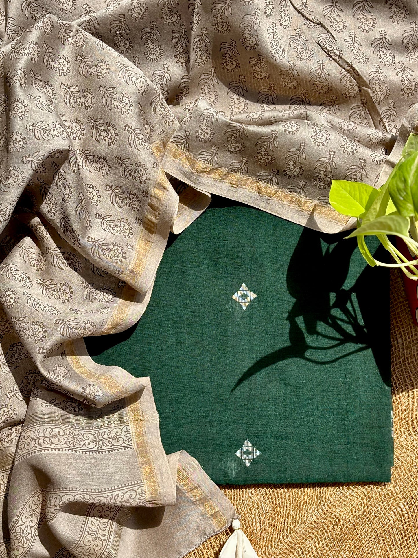 Olive Green Jamdani Kurta and Ash Grey Chanderi Dupatta