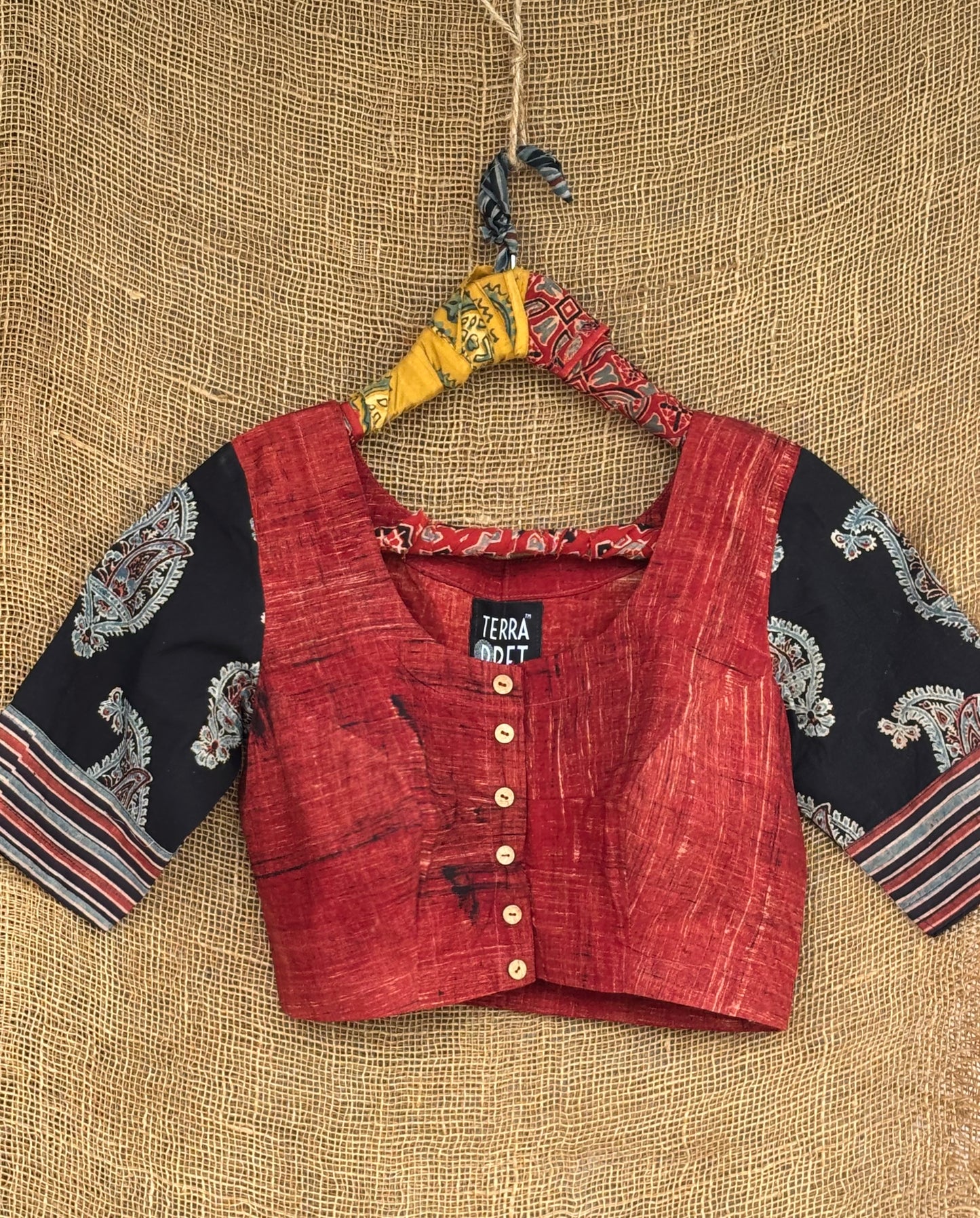 Madder brush print patchwork sleeves blouse
