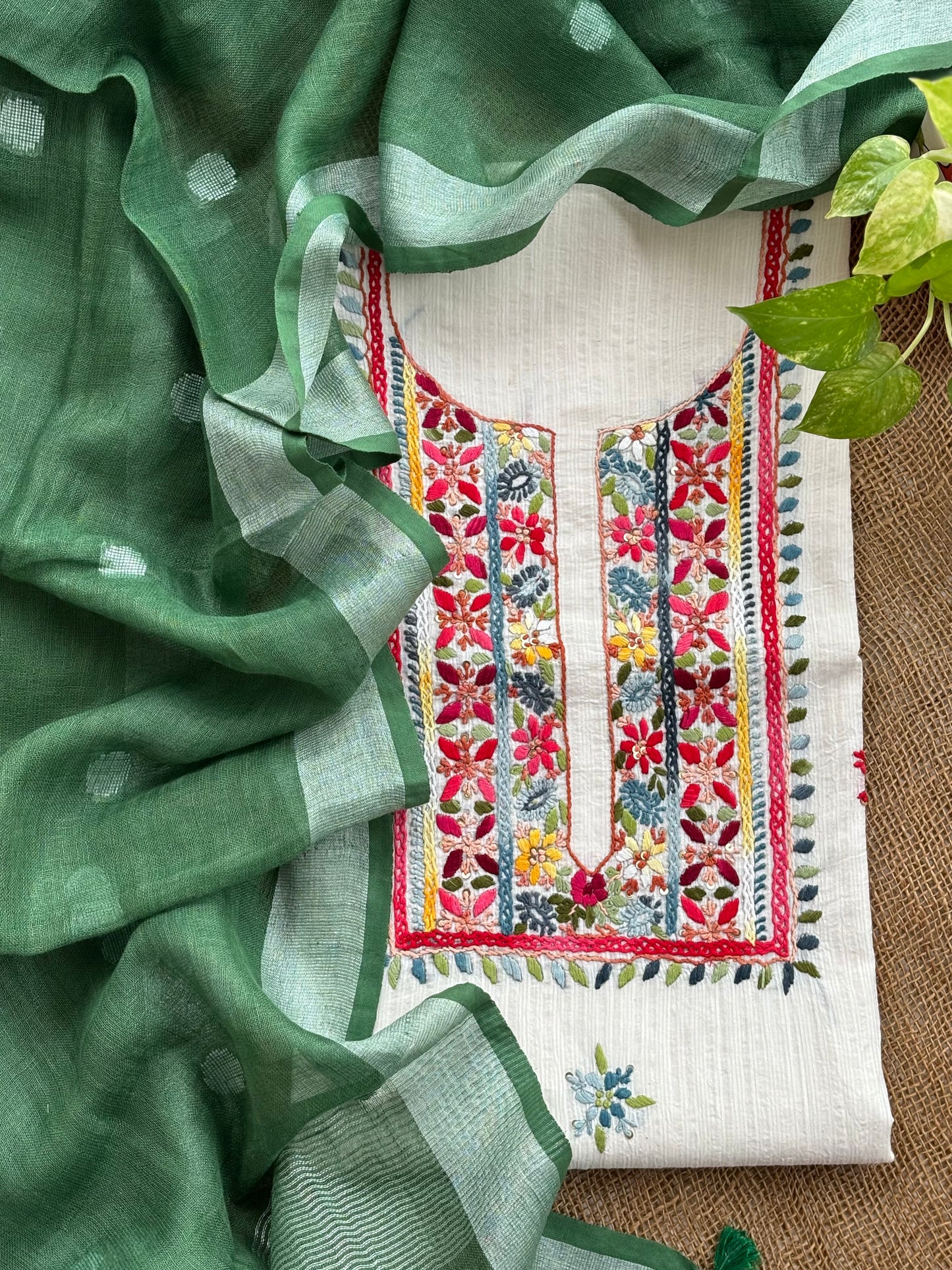 Green - ivory embroidered set