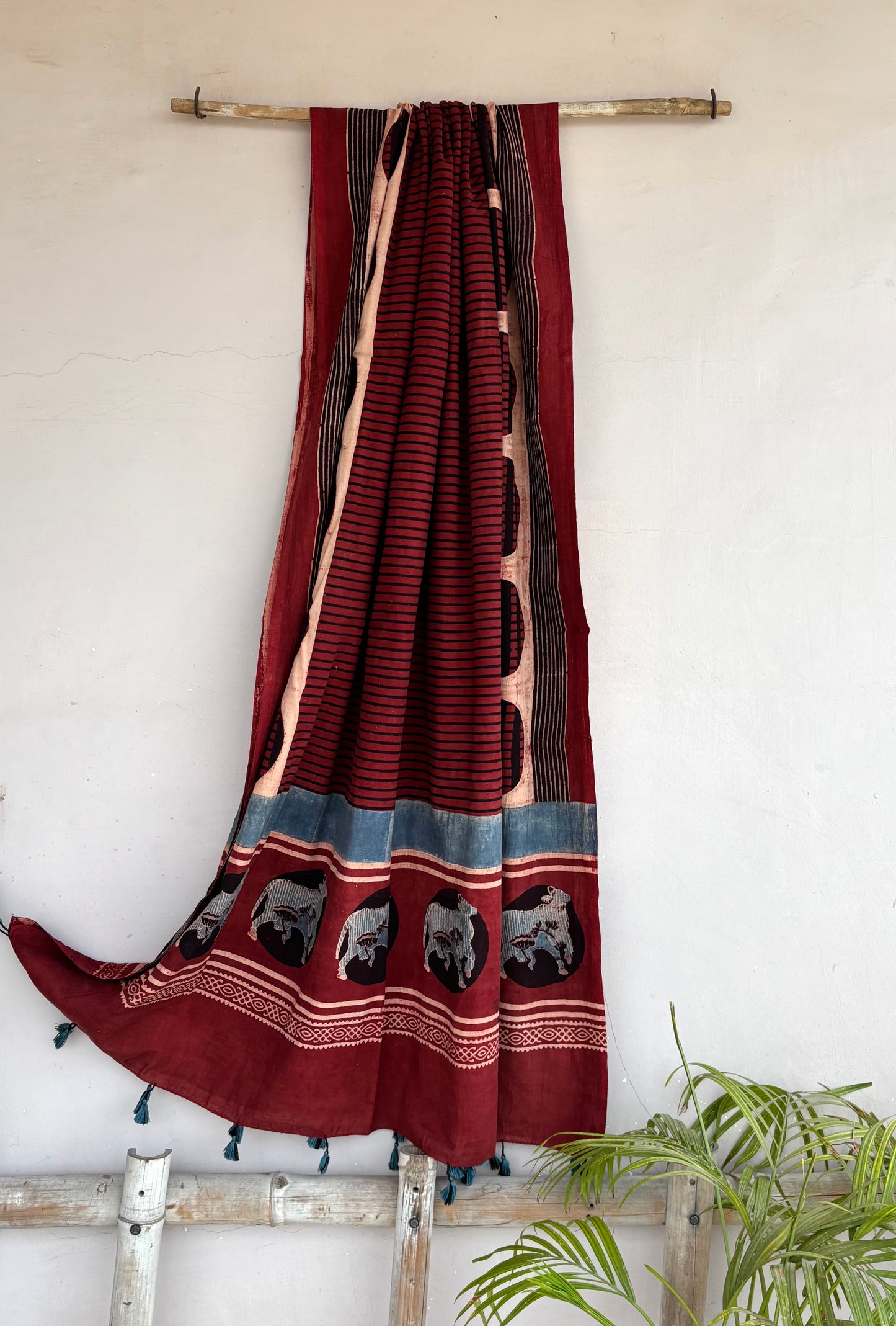 Madder - black Horizontal Striped Cotton Dupatta