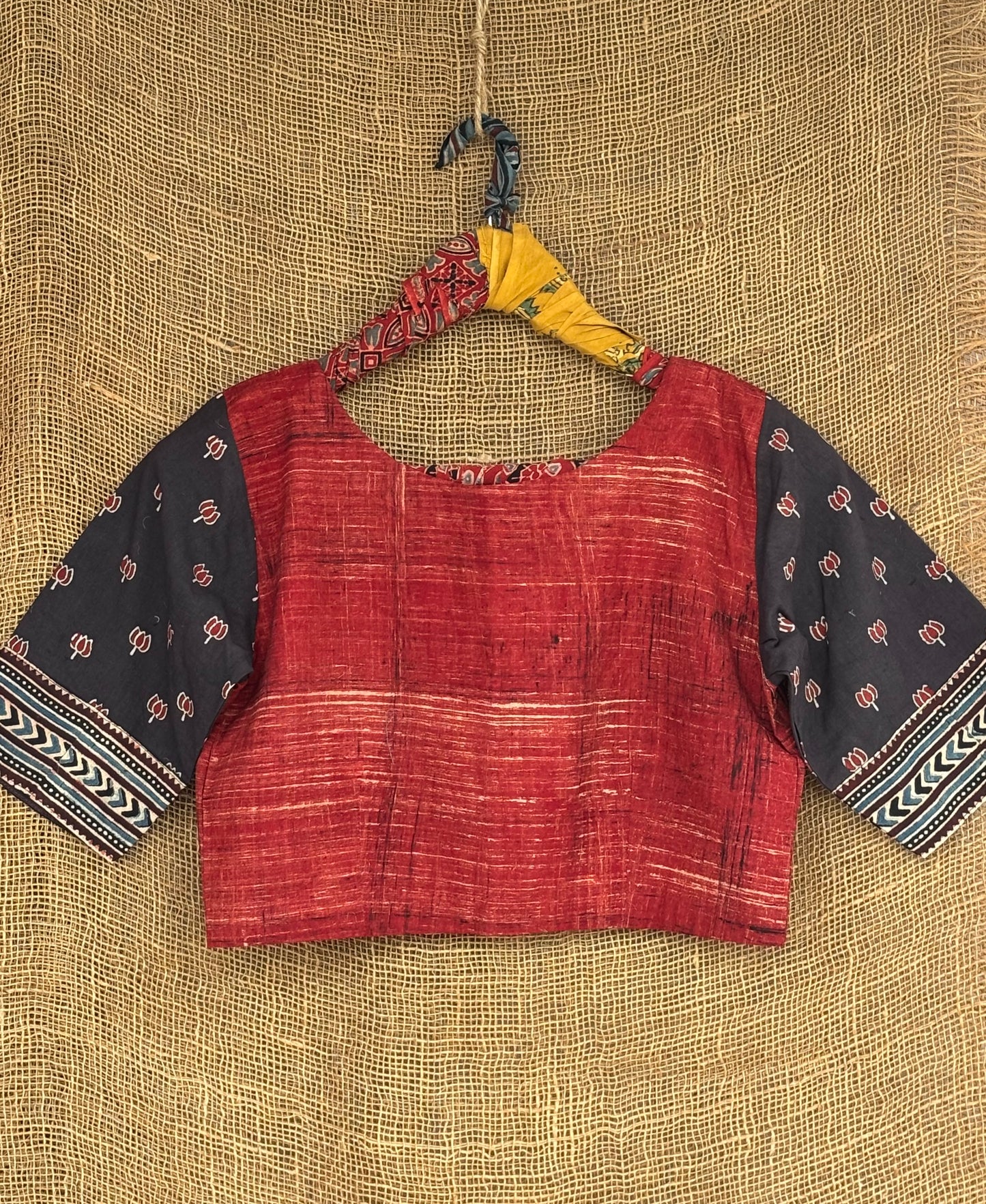 Madder brush and print lotus motif patchwork sleeves blouse