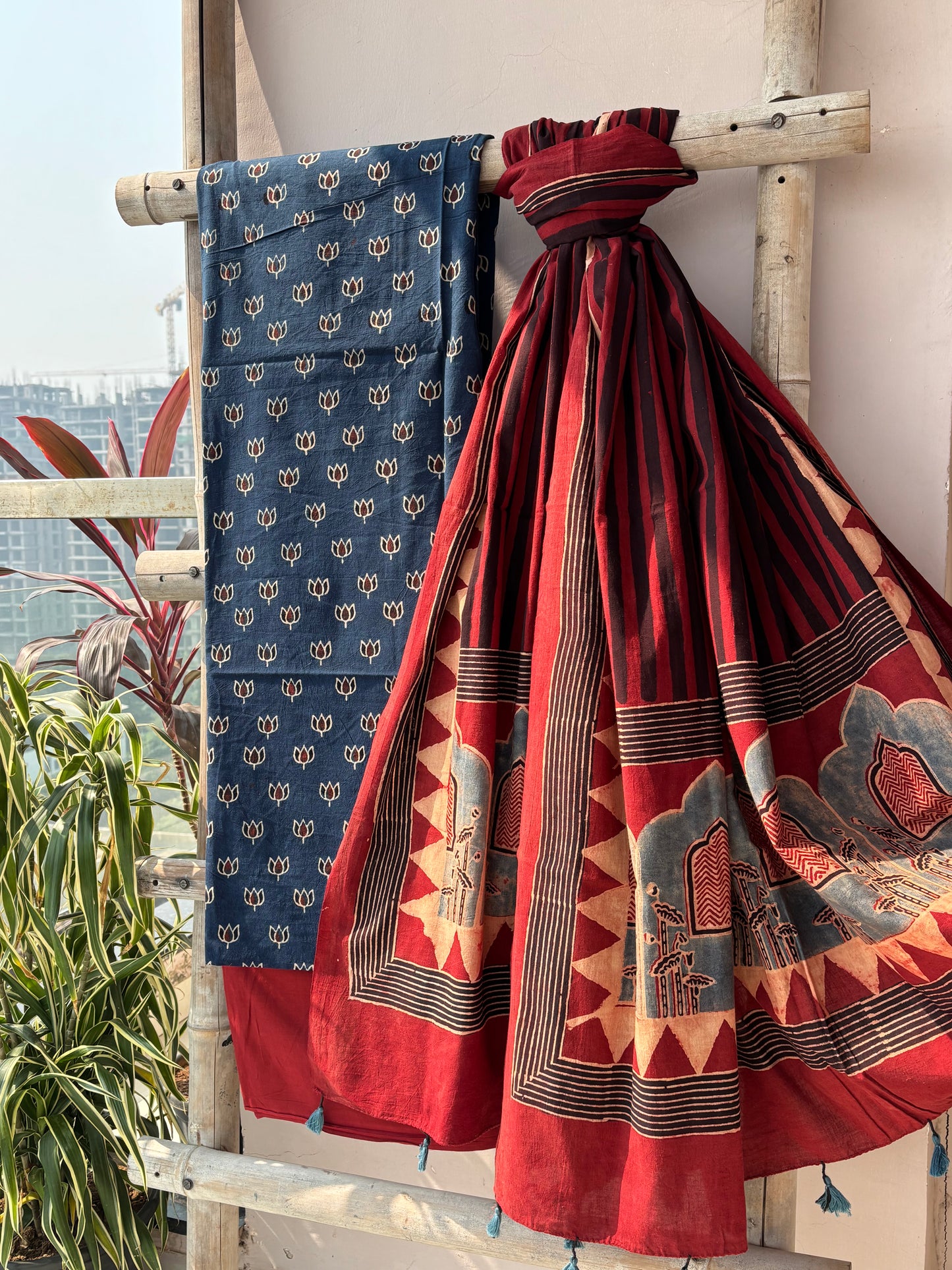 Lotus indigo ajrakh set
