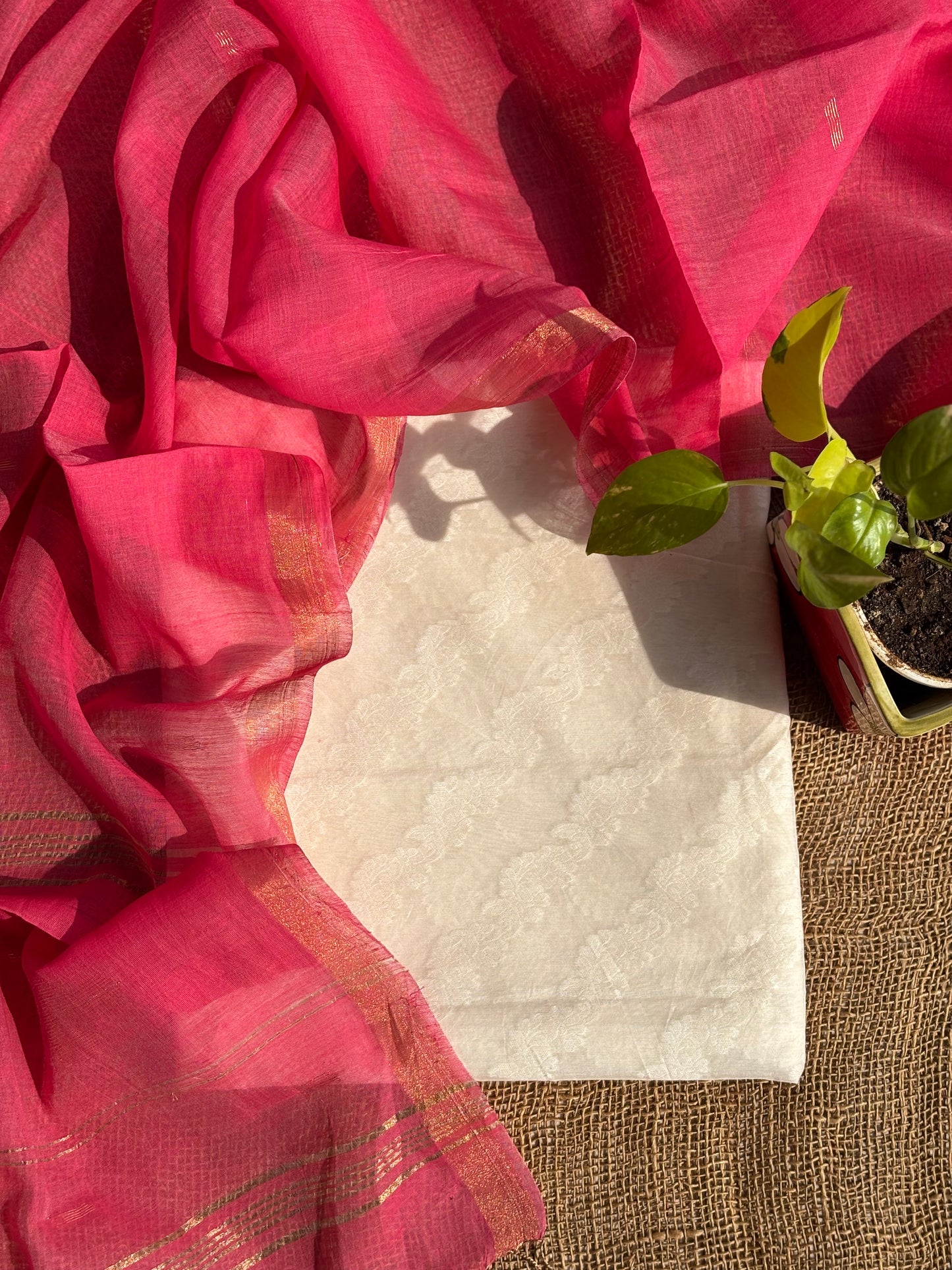 Ivory and pink Chanderi silk set