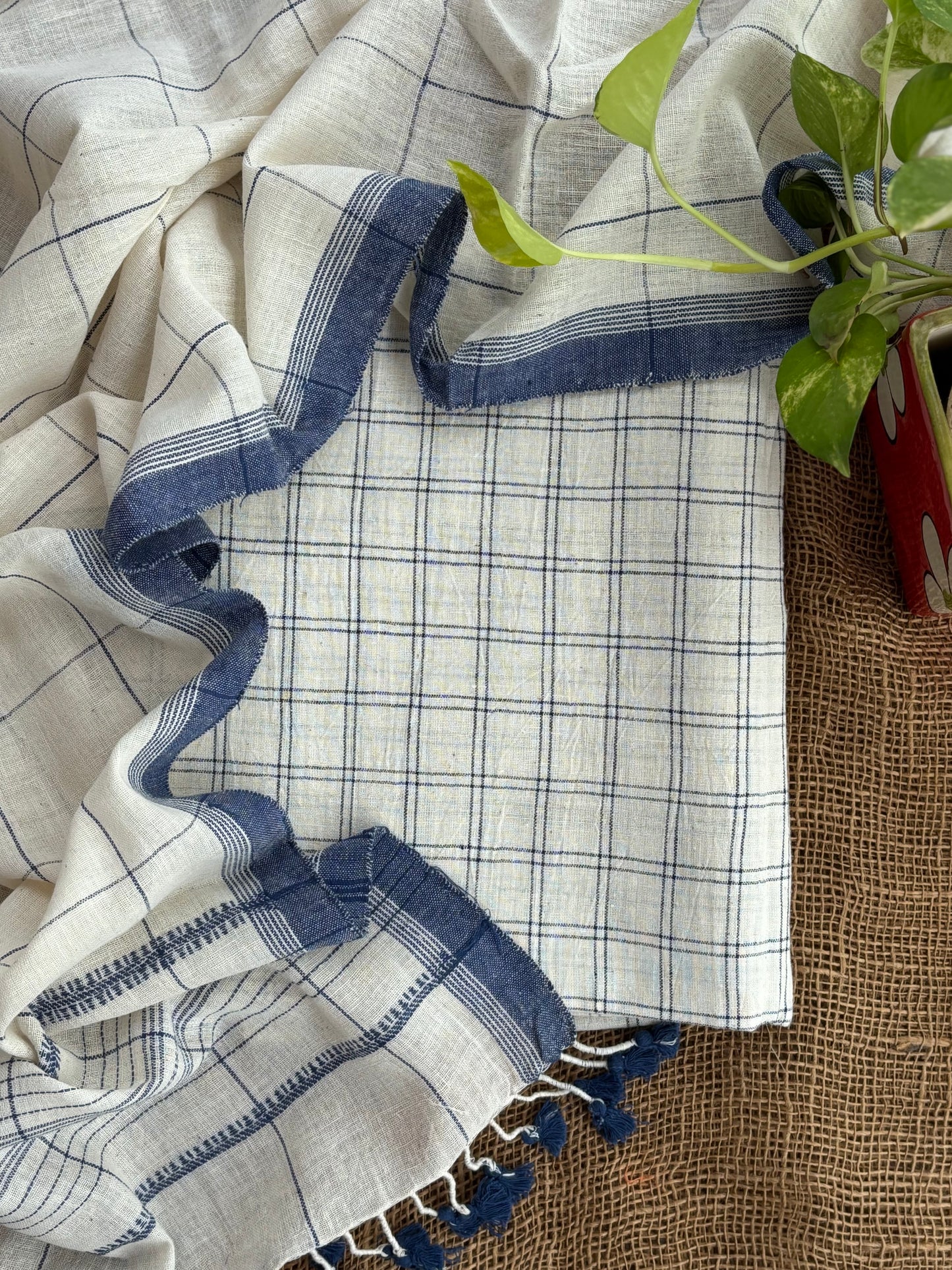Ivory Checkered Kala Cotton Kurta & Stole Set