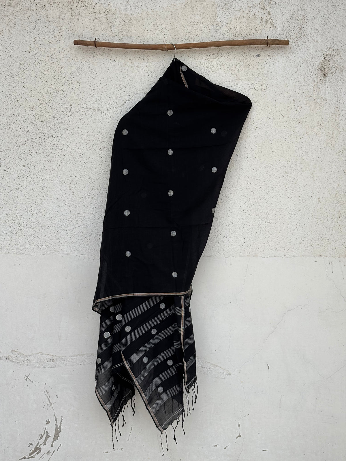 Black mul mul jamdani dupatta with zari border