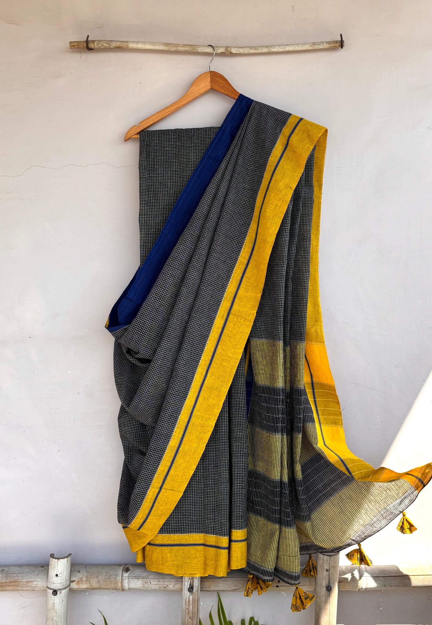 Electric Blue & Yellow Bordered Black Checkered Patteda Anchu Saree