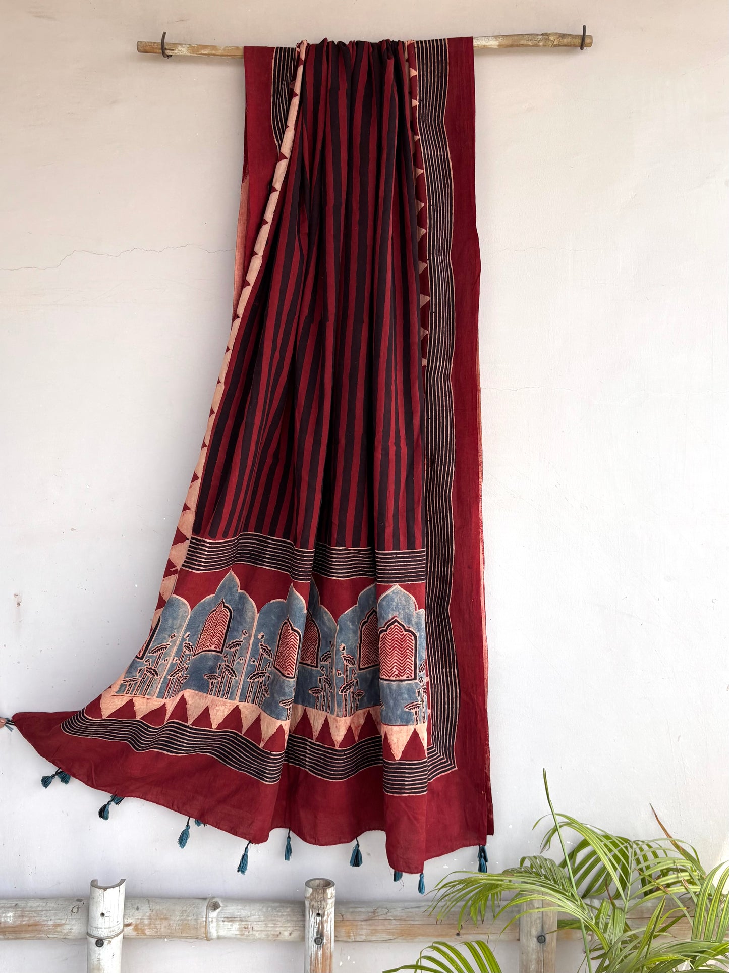 Madder and Black Striped Cotton Dupatta with Triangular Borders