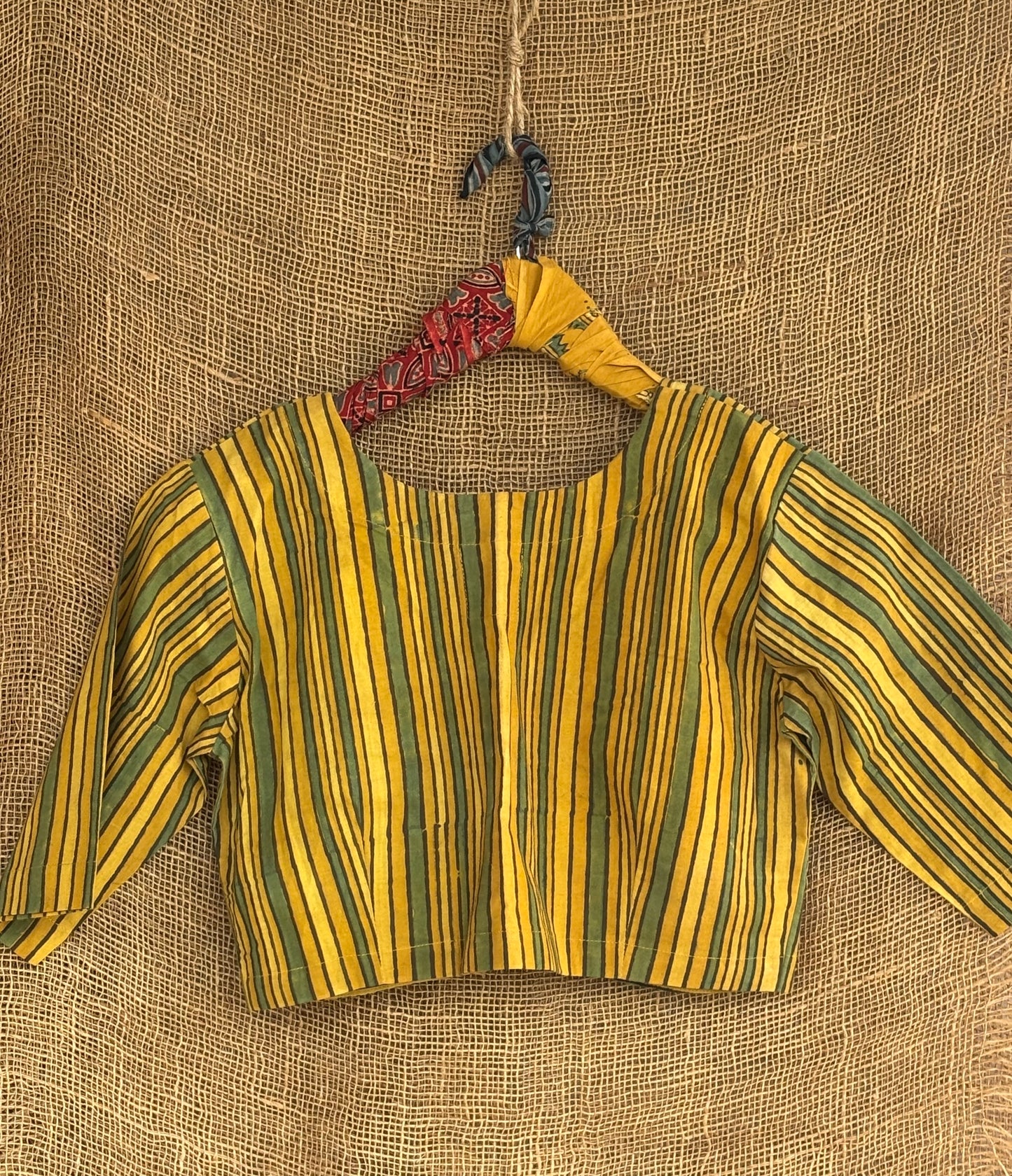 Yellow & green stripes ajrakh blouse