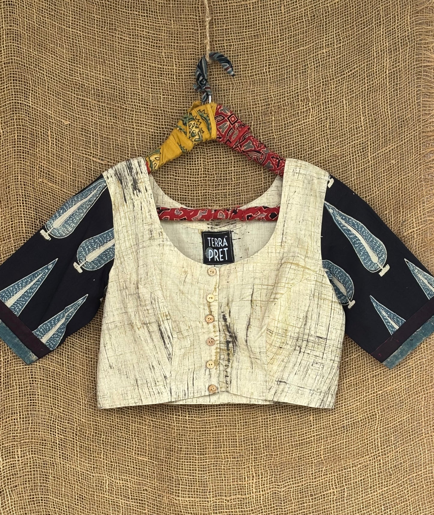 Ivory brush print patchwork sleeves blouse