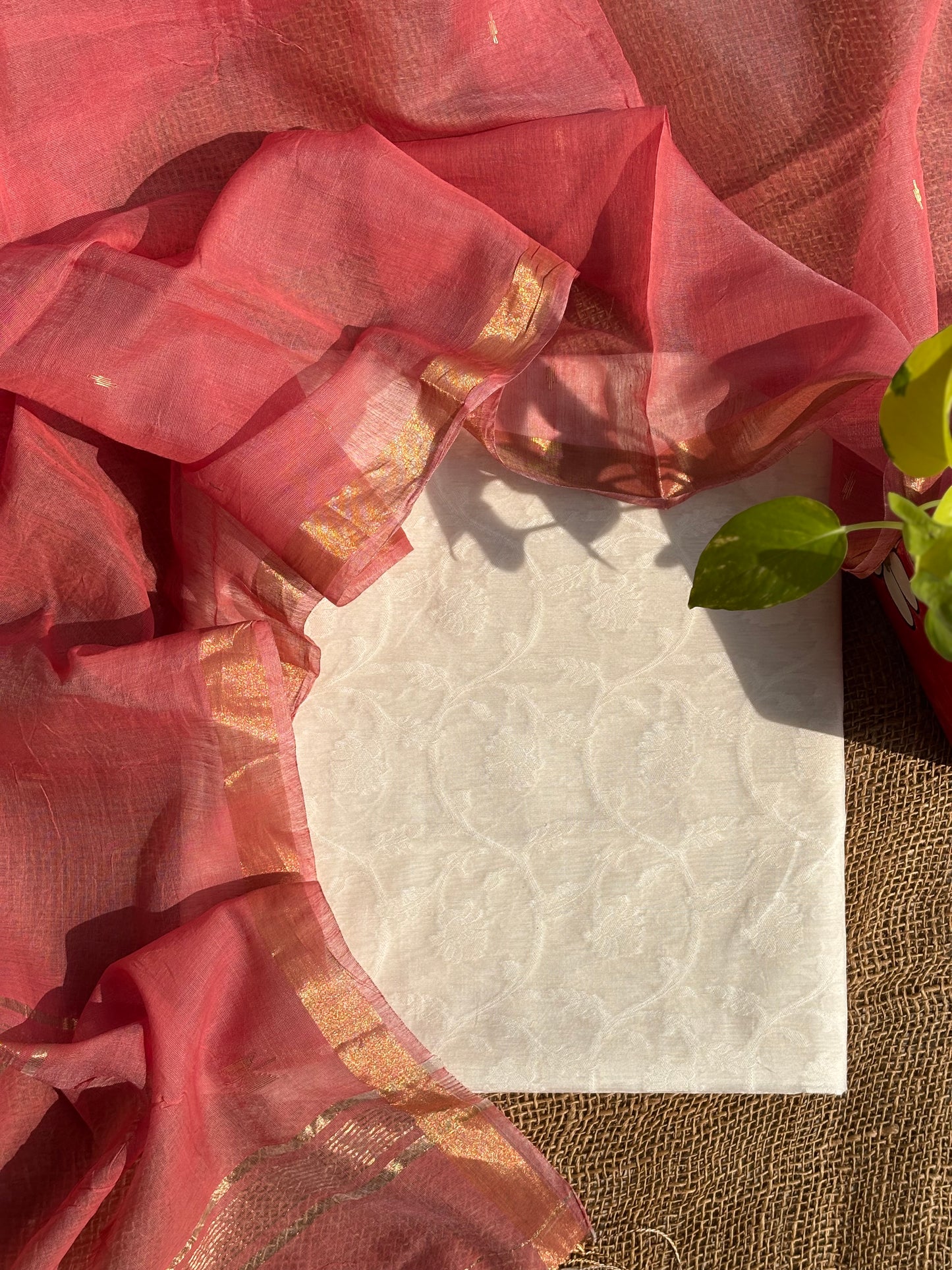 Ivory and rose pink Chanderi silk set