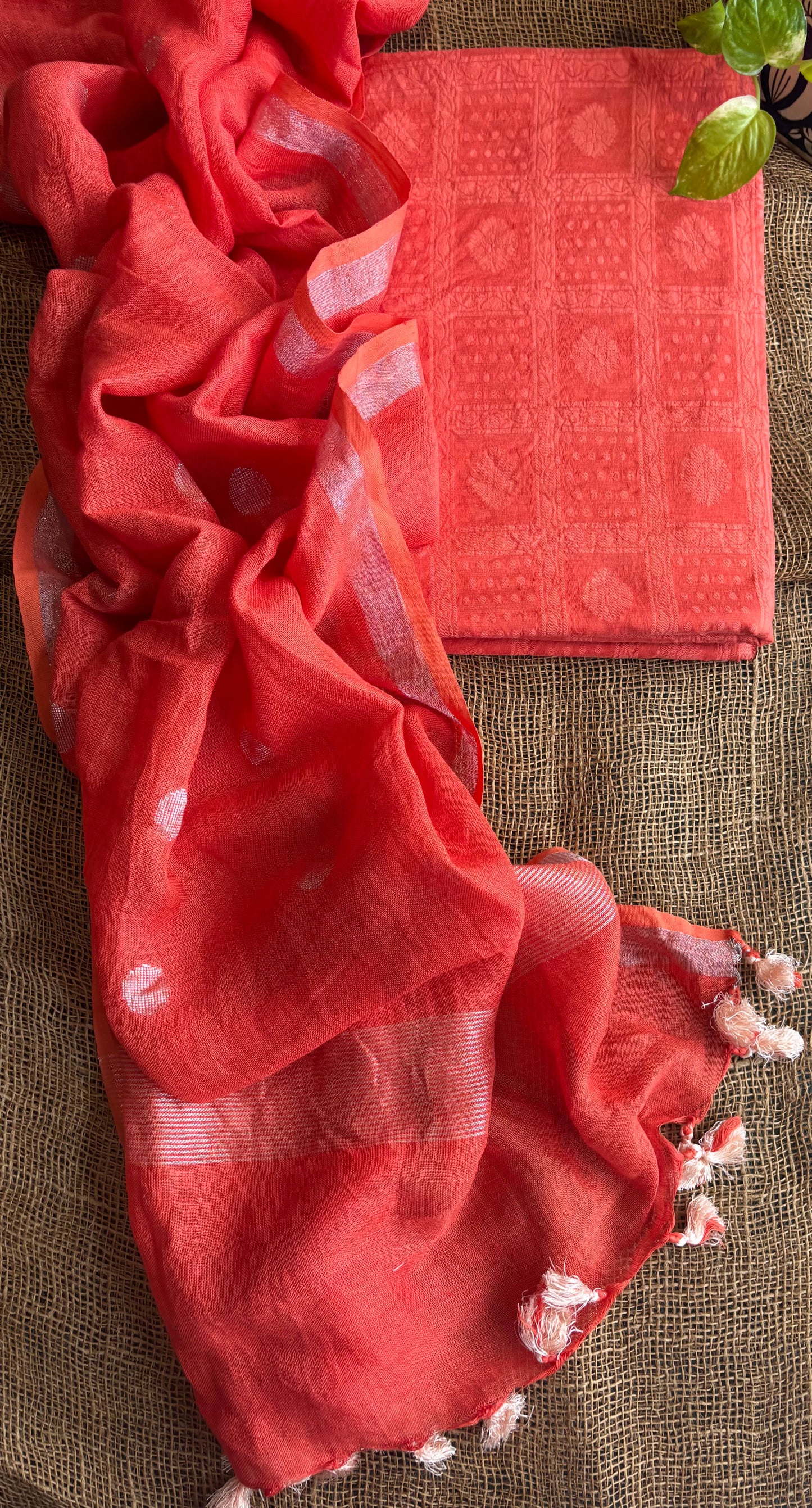 Pale orange Banarasi jacquard set