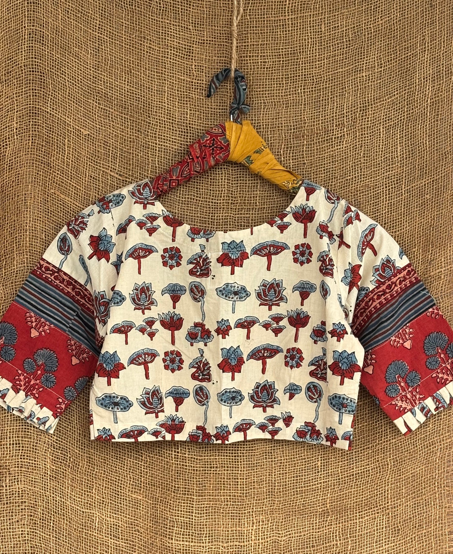 Ivory patchwork sleeves ajrakh blouse