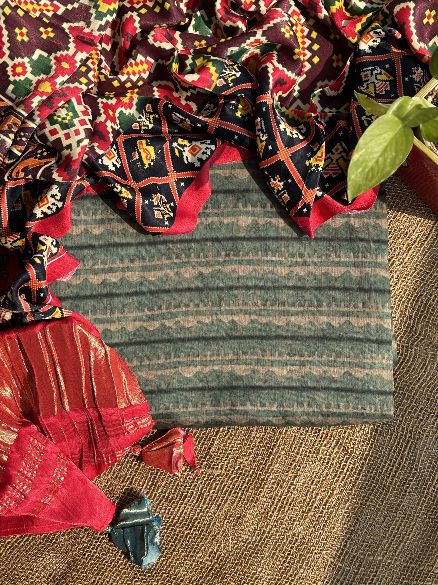 Digital Print Pale Green Kurta Fabric and Modal Silk Digital Patola Print Dupatta with Tassels