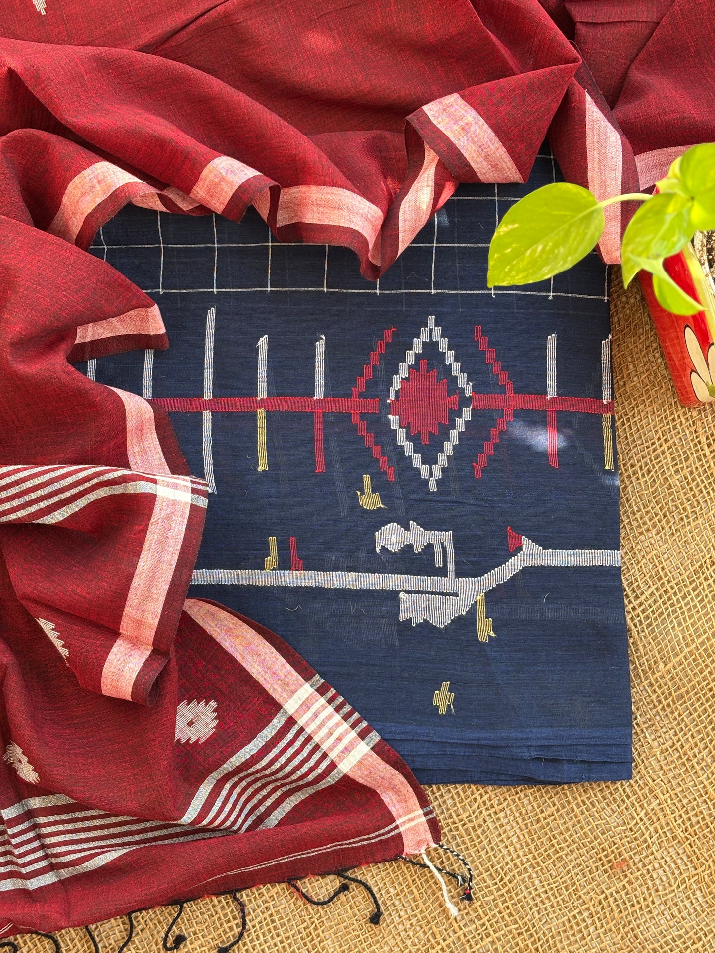Navy Blue Mul Jamdani and Maroon Duppatta Set