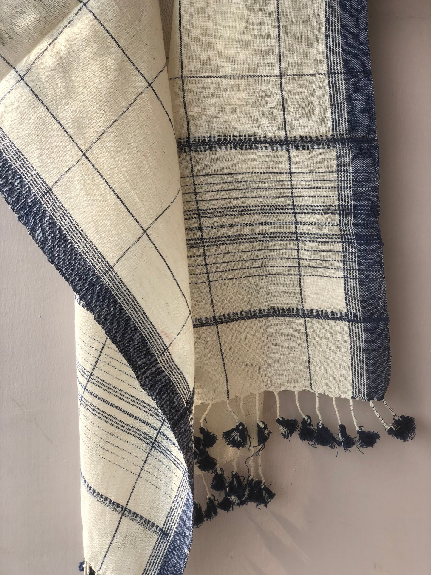 Handwoven Cotton Checkered Stole with Blue Tassels