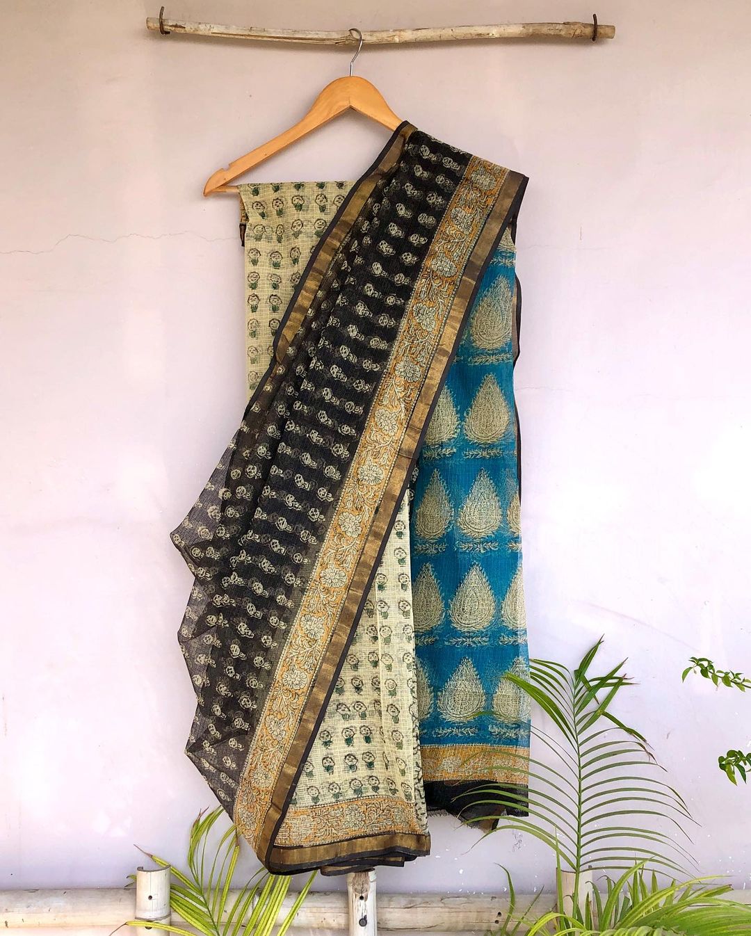 Tricolor Block Printed Kota Doriya Saree with Zari Border