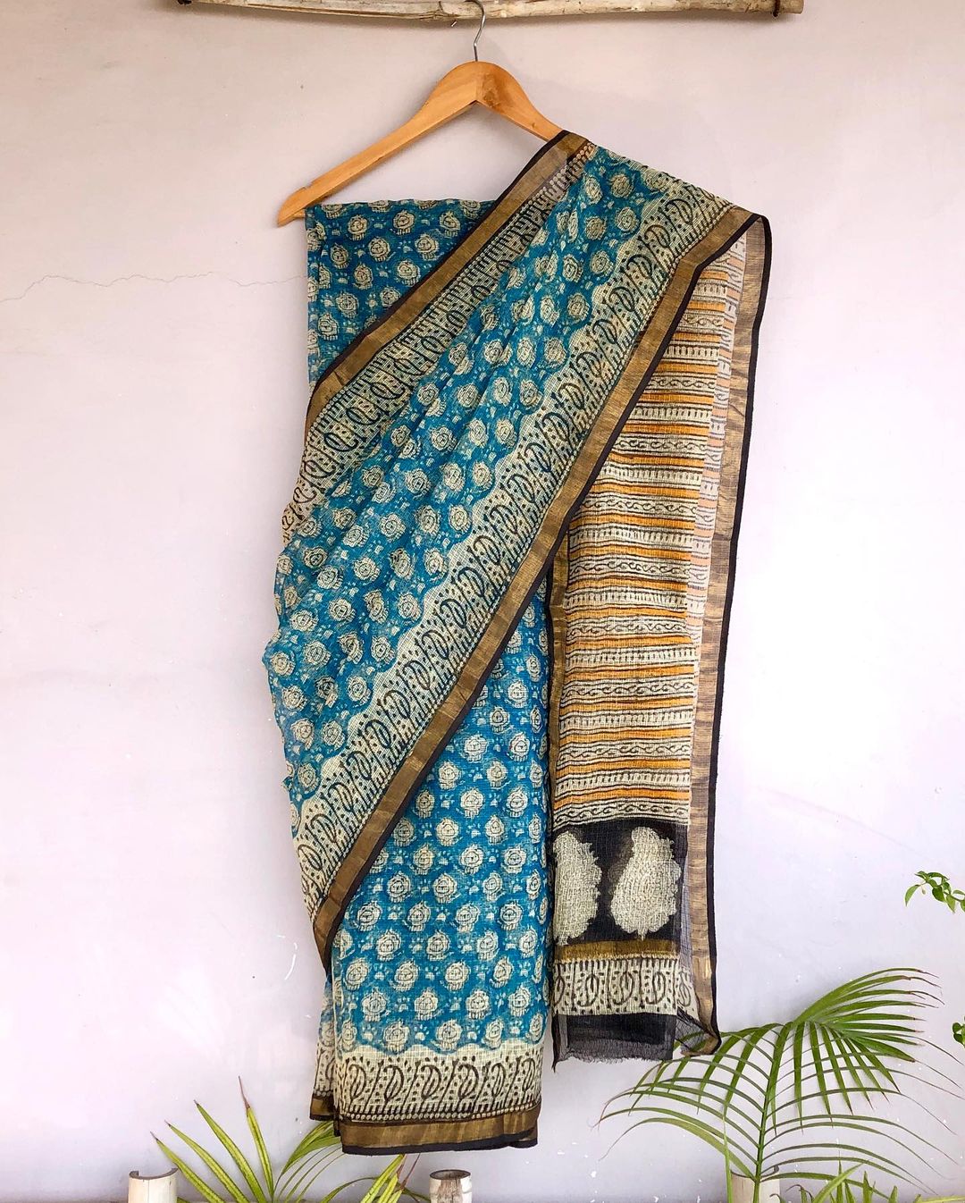 Turquoise Geometric Block Print Kota Doriya Saree with Traditional Border