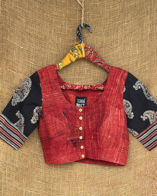 Madder brush print patchwork sleeves blouse