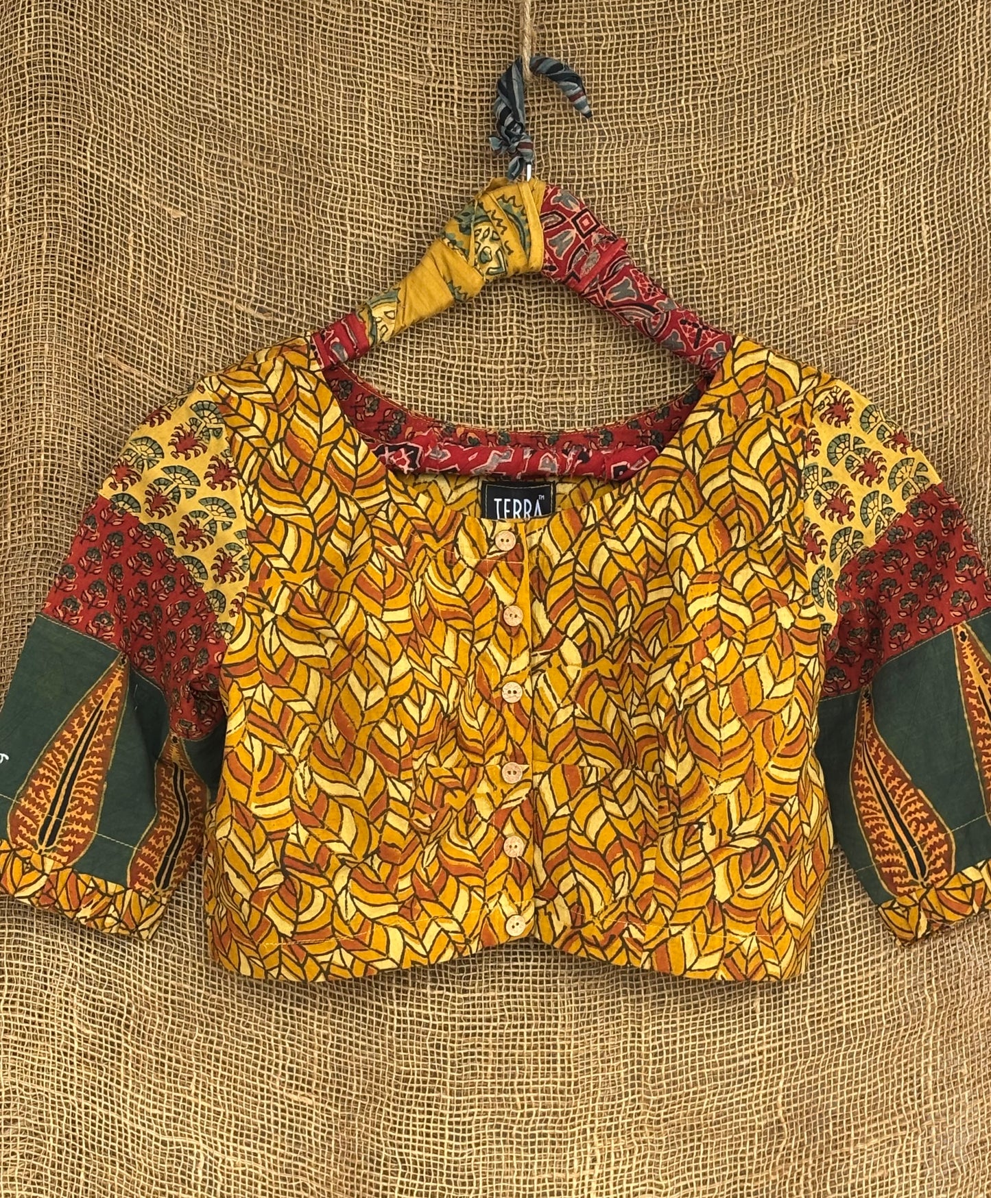 Mustard patchwork sleeves ajrakh blouse