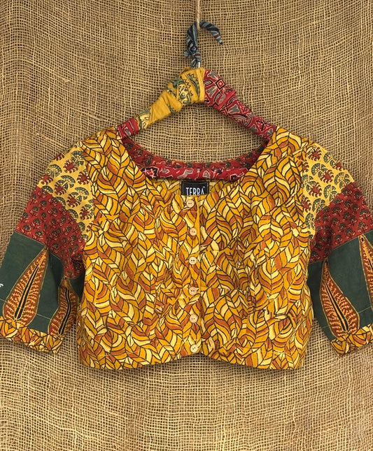 Mustard patchwork sleeves ajrakh blouse