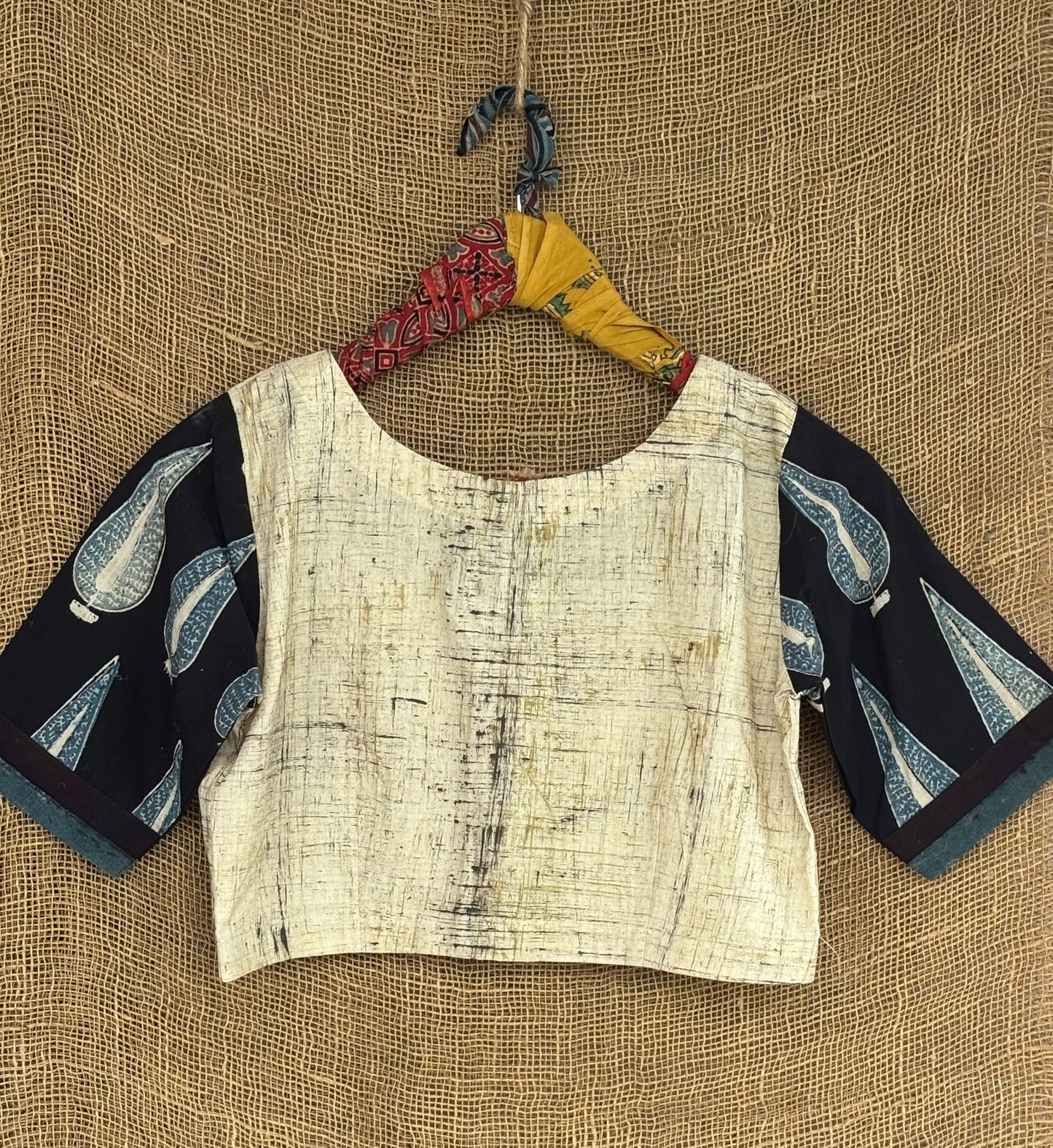 Ivory brush print patchwork sleeves blouse
