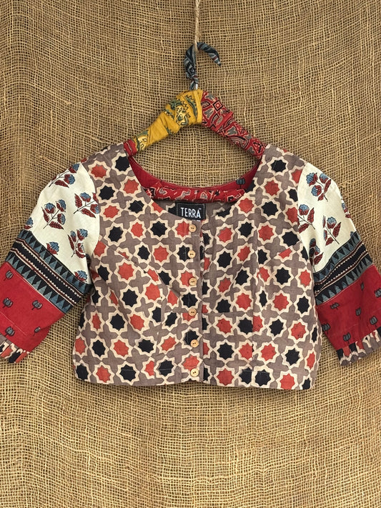 Earthy brown patchwork sleeves ajrakh cotton blouse
