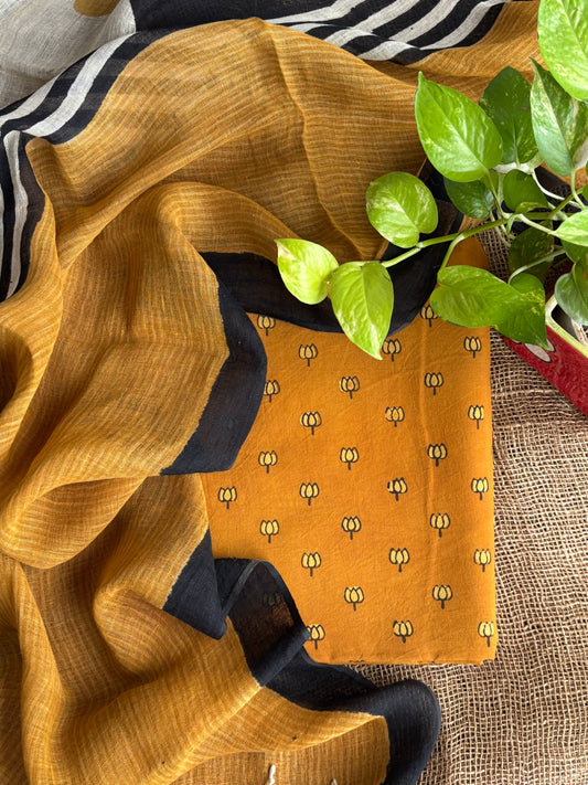 Yellow lotus set with linen dupatta