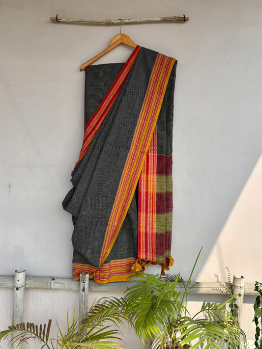 Handwoven Gomi Border Saree with Intricate Handcrafted Pallu