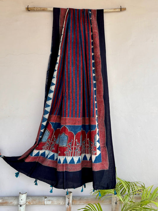 Madder and Indigo Vertical Striped Cotton Dupatta with Triangular Borders