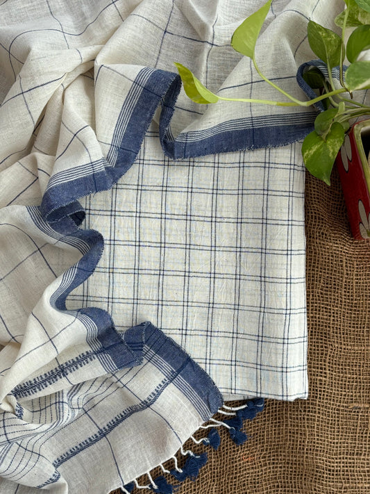 Ivory Checkered Kala Cotton Kurta & Stole Set