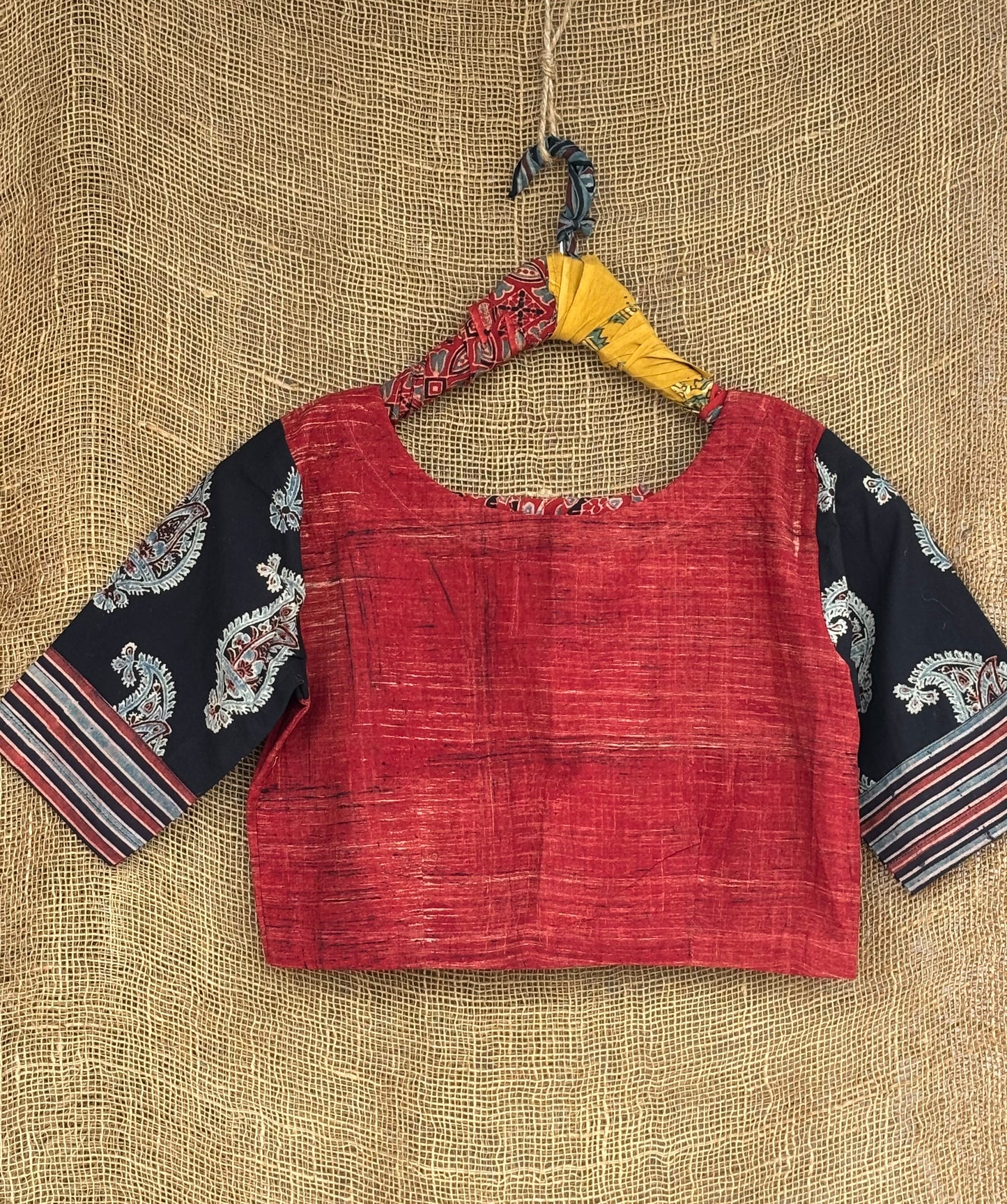 Madder brush print patchwork sleeves blouse