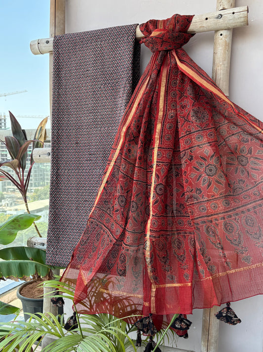 Brown kurta fabric and red Kota dupatta set.