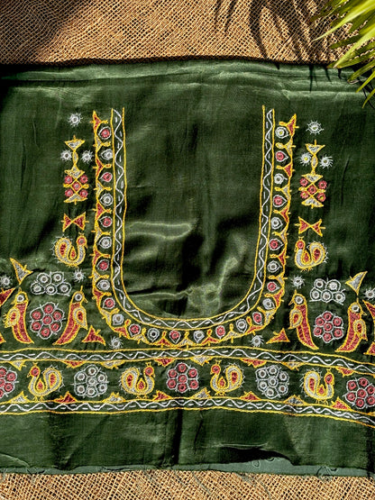 Forest green hand embroidered Kutchi blouse piece