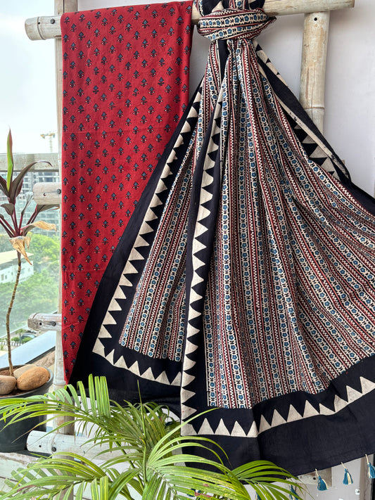 Ajrakh Madder Booti Kurta Fabric with Ivory Striped Dupatta