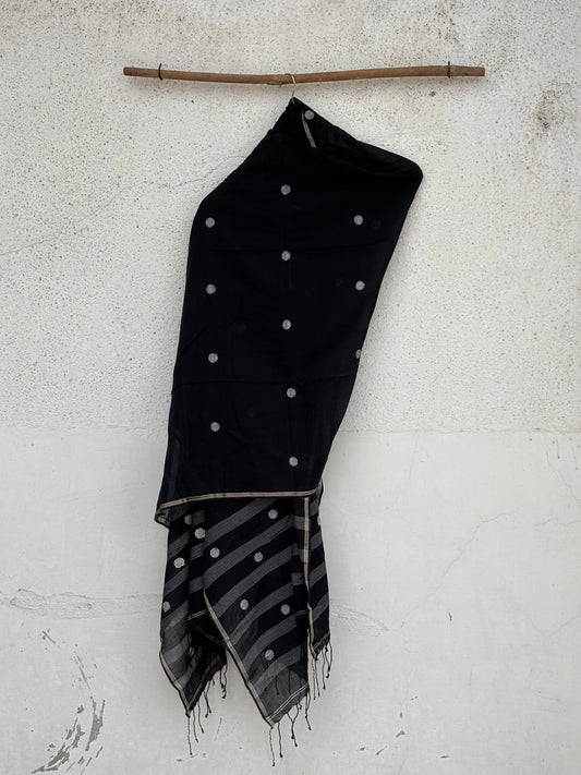 Black mul mul jamdani dupatta with zari border