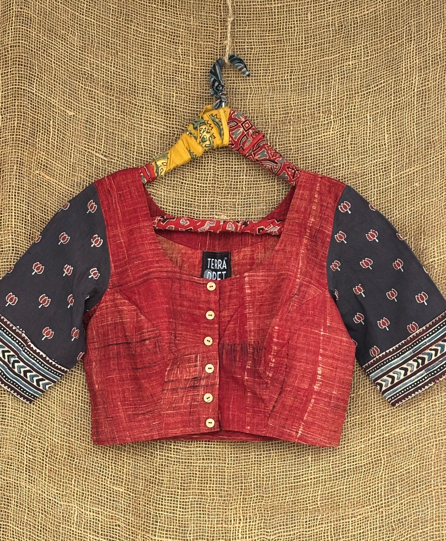 Madder brush and print lotus motif patchwork sleeves blouse