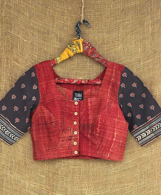 Madder brush and print lotus motif patchwork sleeves blouse