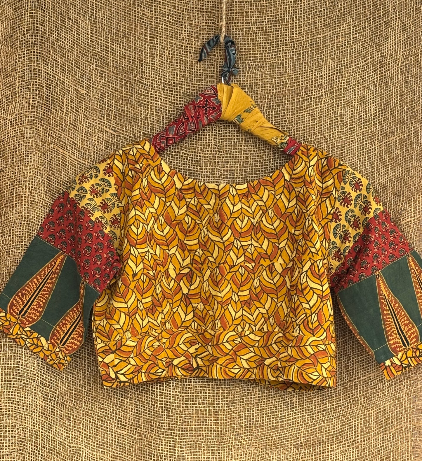 Mustard patchwork sleeves ajrakh blouse