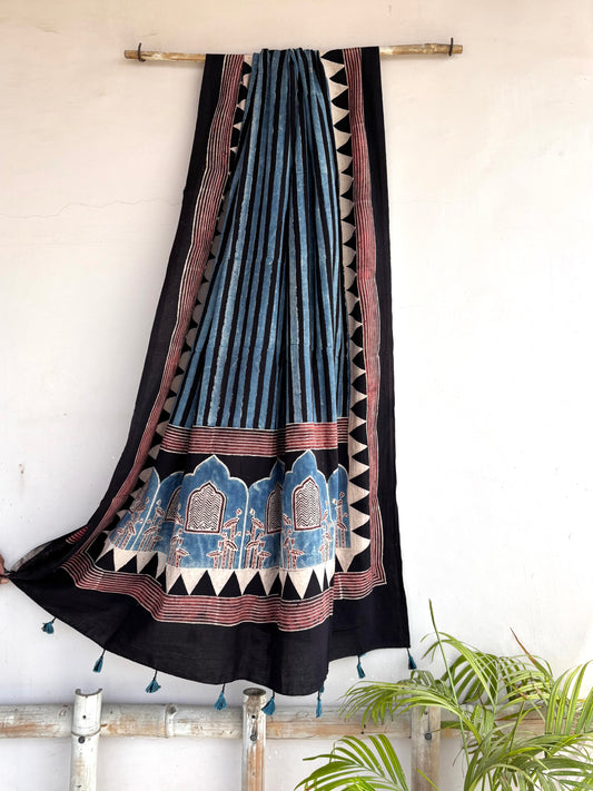 Indigo Stripe Cotton Dupatta with Triangular Borders