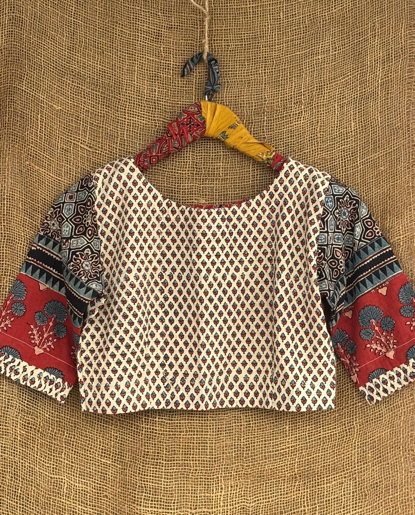 Ivory buti patchwork sleeves ajrakh blouse
