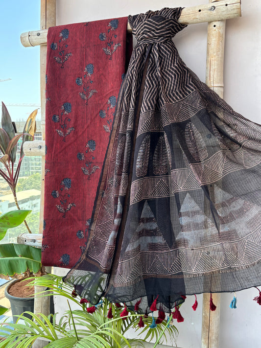 Madder kurta and black Kota dupptta set