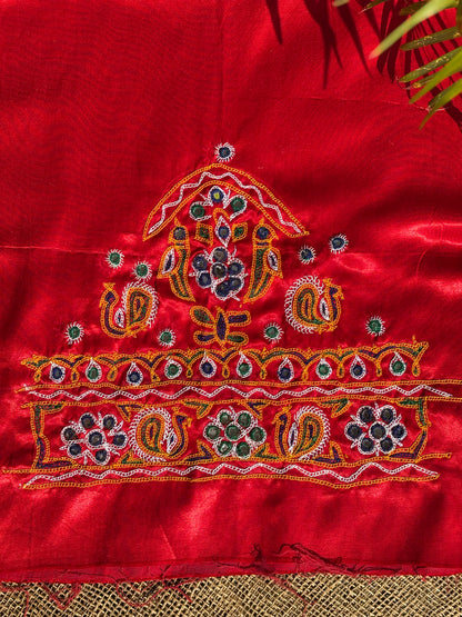 Red hand embroidered Kutchi blouse piece