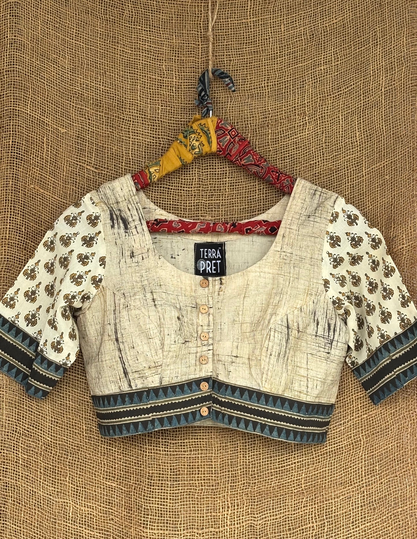 Ivory brush print patchwork sleeves blouse