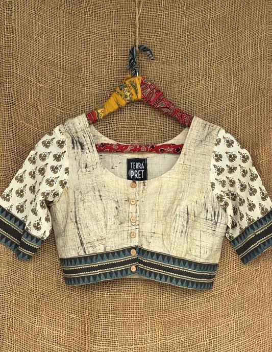 Ivory brush print patchwork sleeves blouse
