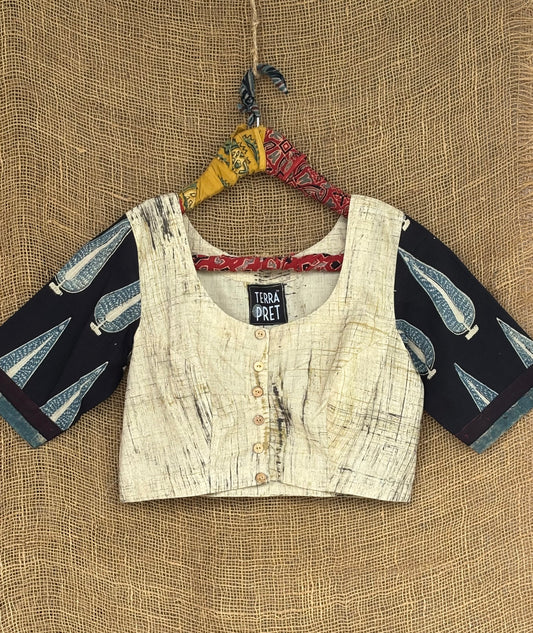 Ivory brush print patchwork sleeves blouse