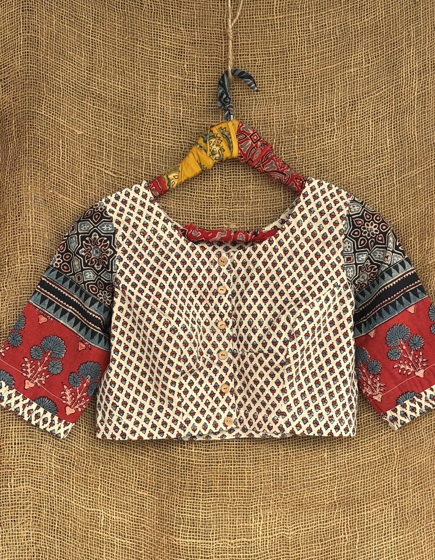 Ivory buti patchwork sleeves ajrakh blouse