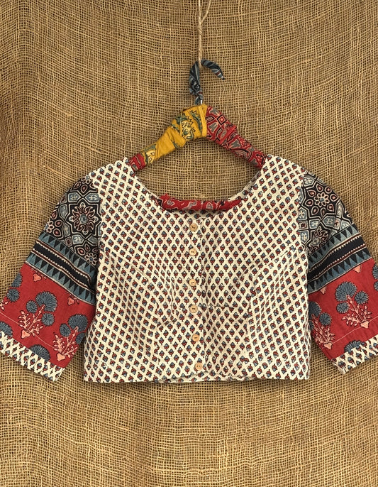 Ivory buti patchwork sleeves ajrakh blouse