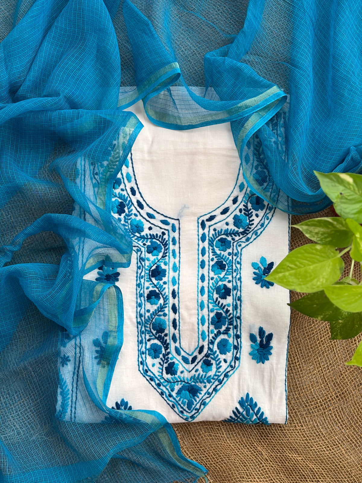 White-blue kurta dupatta set