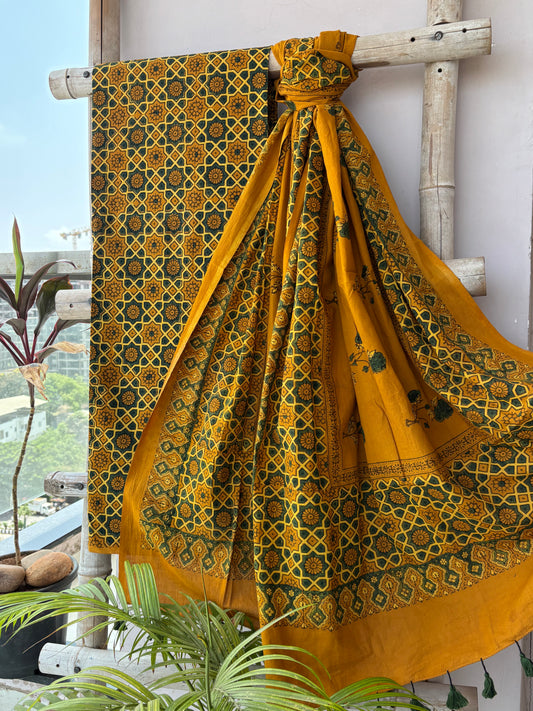 Mustard-olive ajrakh set