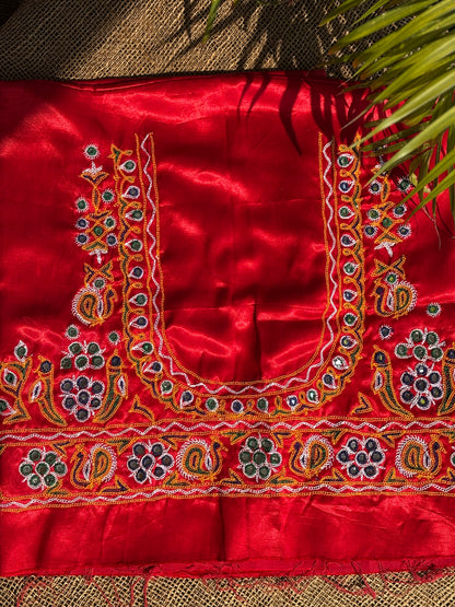 Red hand embroidered Kutchi blouse piece